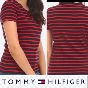 Tommy Hilfiger Red & Navy Striped Cotton Tee - Size XXL